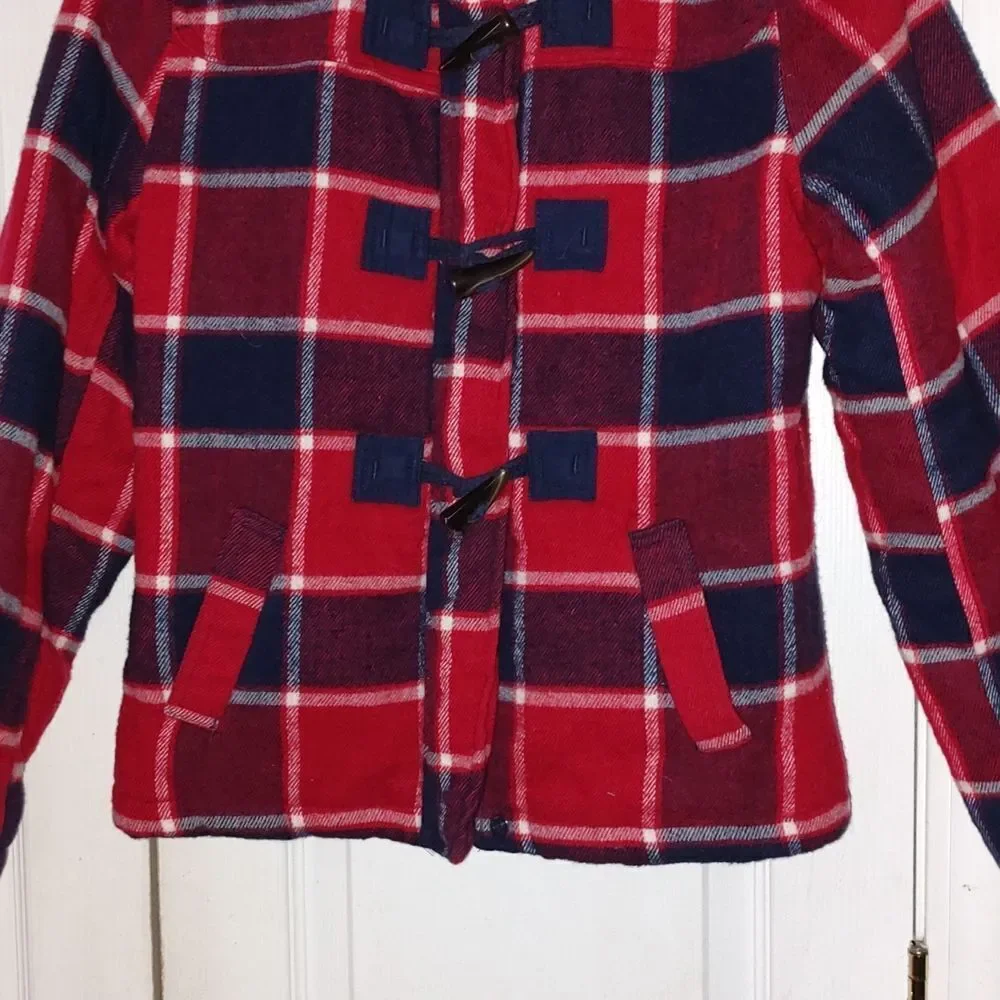 Justice red blue plaid hooded jacket  Sz 14
